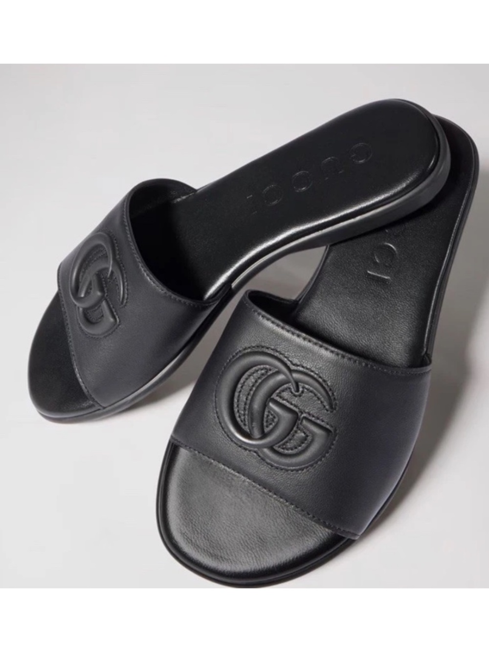 NWB Gucci Double G Black Leather Slide Sandals New & Authentic